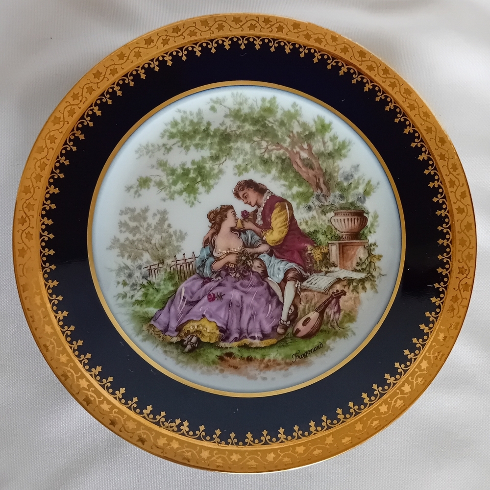 Vintage F.M Limoges France Handpainted Courting Couple Plate With Gold Trim